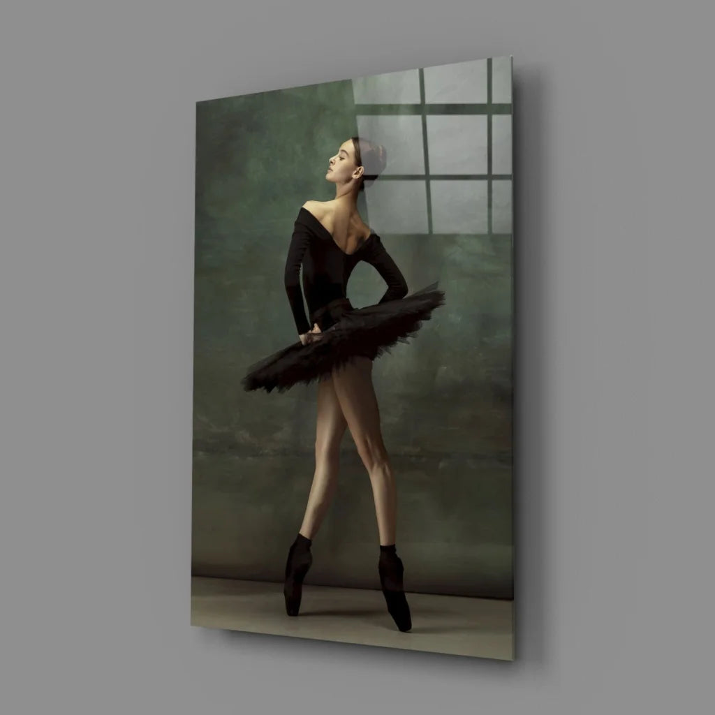 Stunning black ballet tutu dancer in glass wall art print