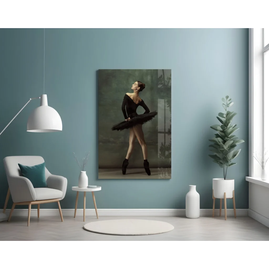 Stunning black and white ballet dancer glass wall art with tutu