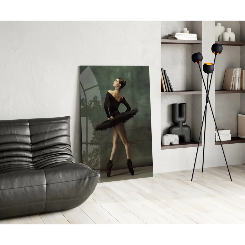 Black ballet dancer in flowing skirt, dramatic pose on glass wall art