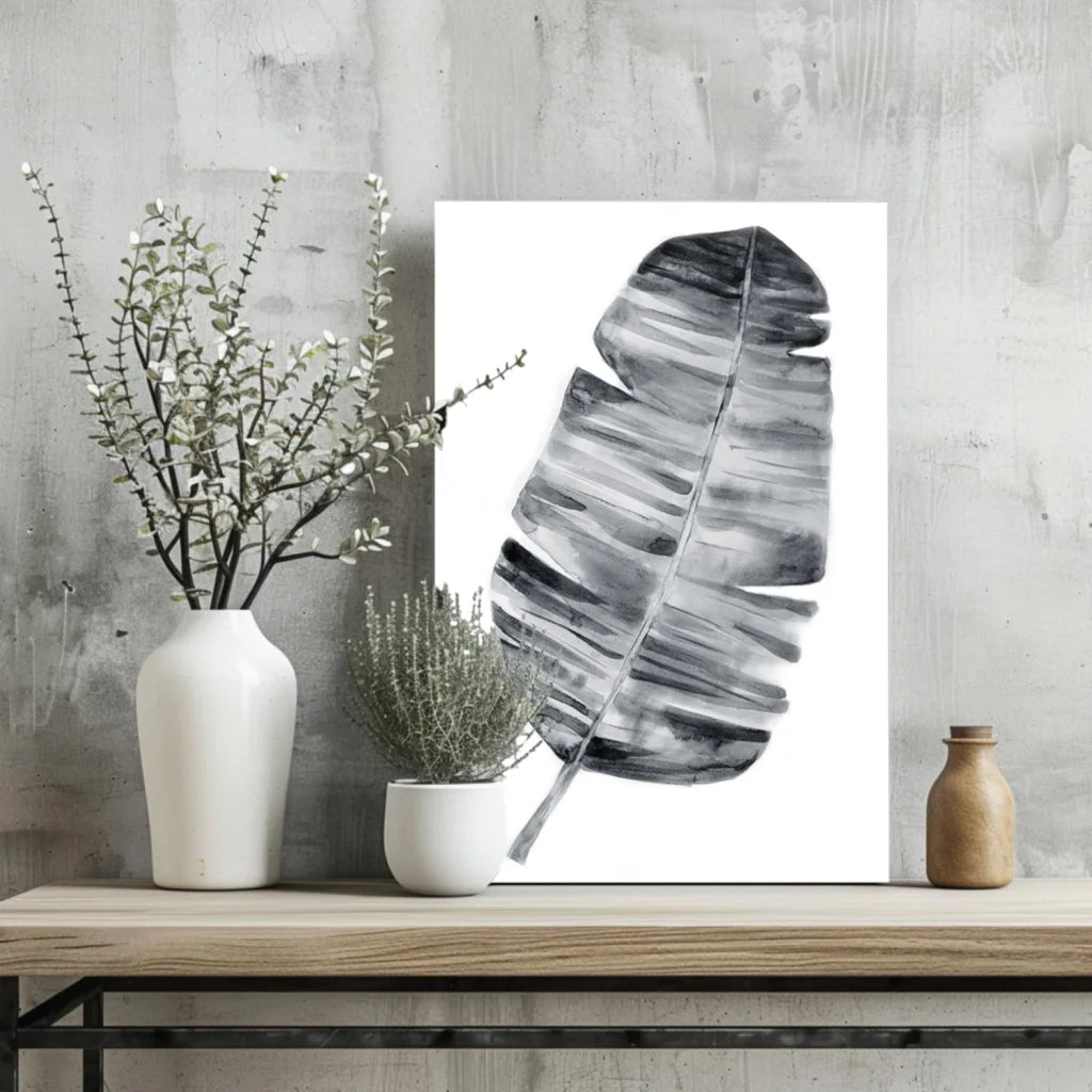 Black and white watercolor banana leaf on aluminum wall art
