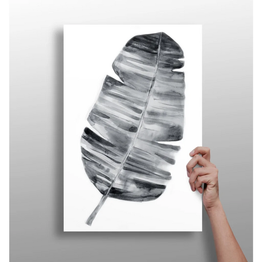 Black and white watercolor banana leaf painting on aluminum wall art