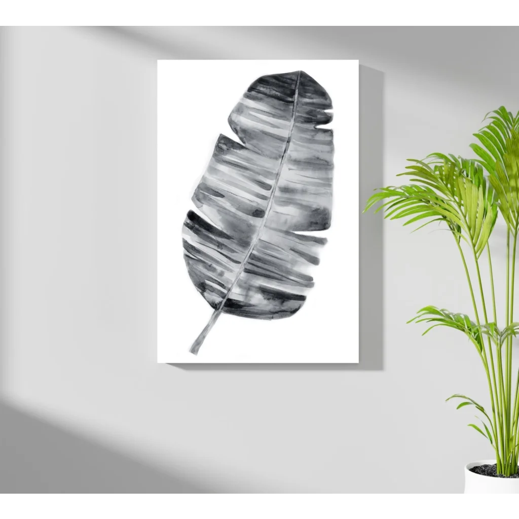 Stunning black and white banana leaf watercolor on aluminum wall art