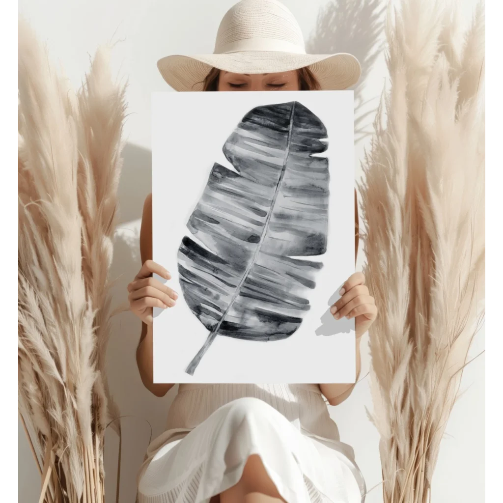 Stunning black and white banana leaf watercolor print on aluminum wall art