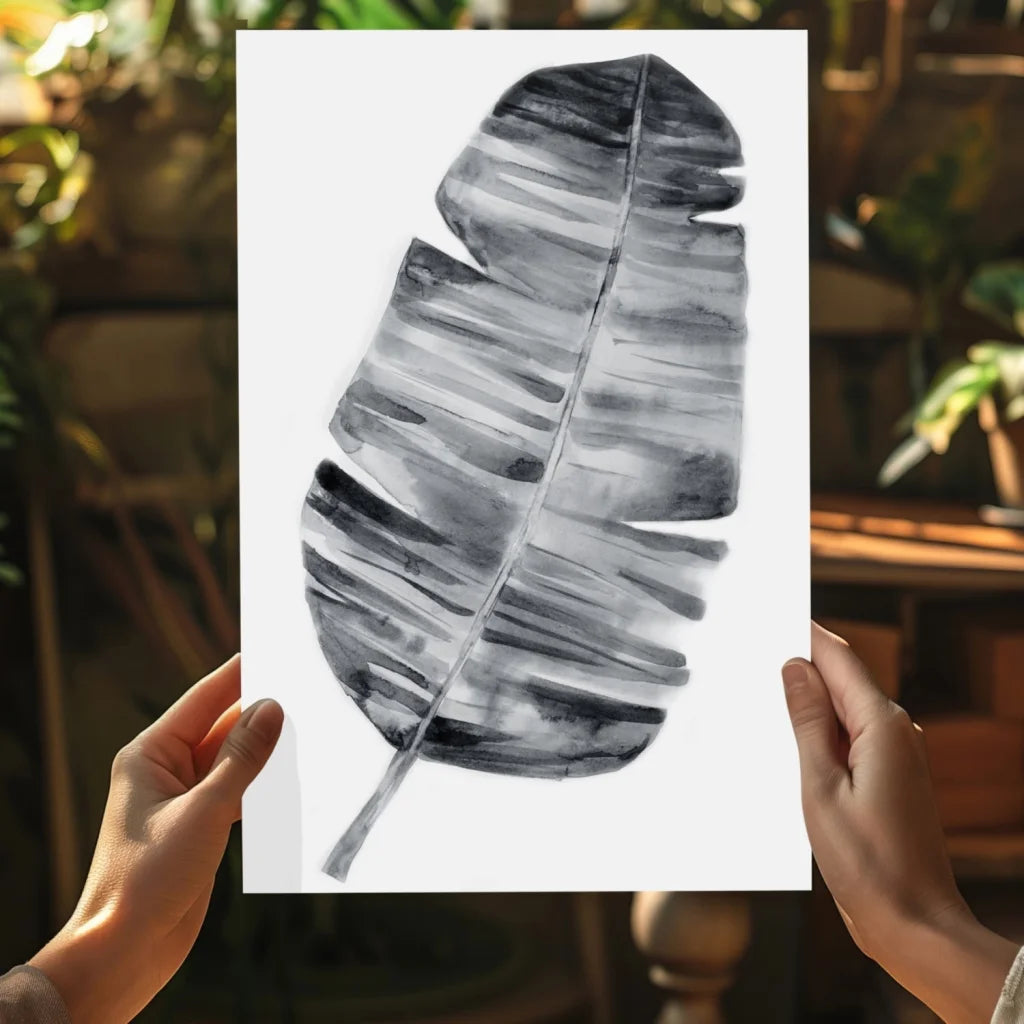 Monochromatic watercolor banana leaf in grays on aluminum wall art