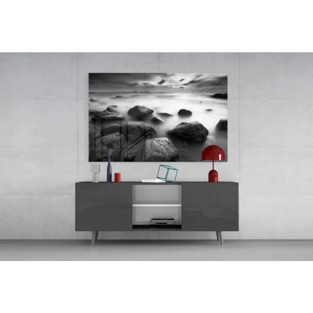 Modern gray sideboard with red accents in stunning beach stones wall art