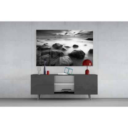 Modern gray sideboard with red accents in stunning beach stones wall art