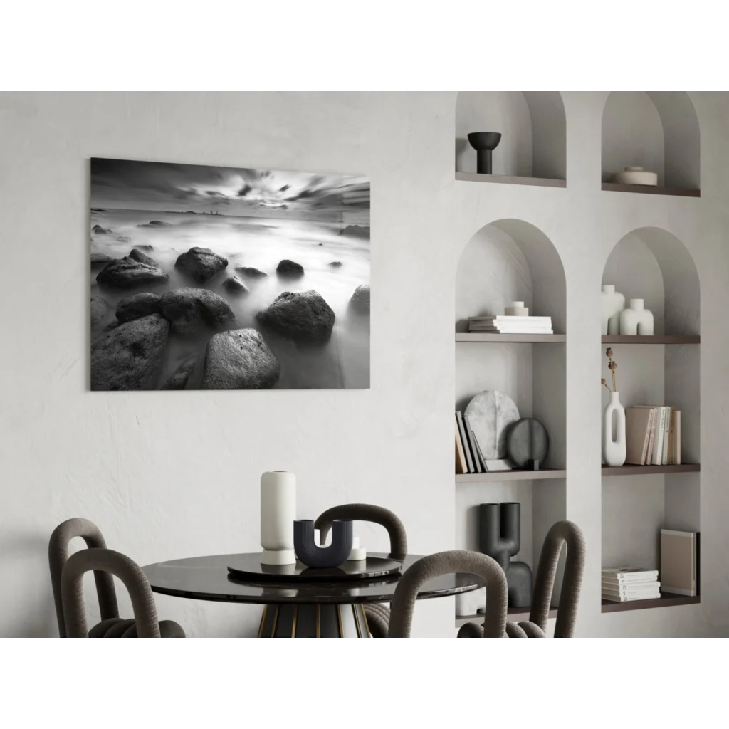 Stunning black and white beach stones wall art with rocks and sunset waves