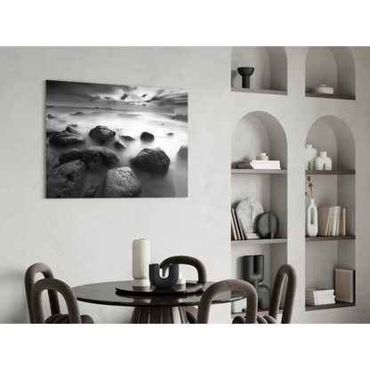 Stunning black and white beach stones wall art with rocks and sunset waves