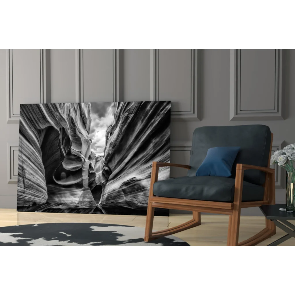 Stunning black and white slot canyon wall art print on canvas