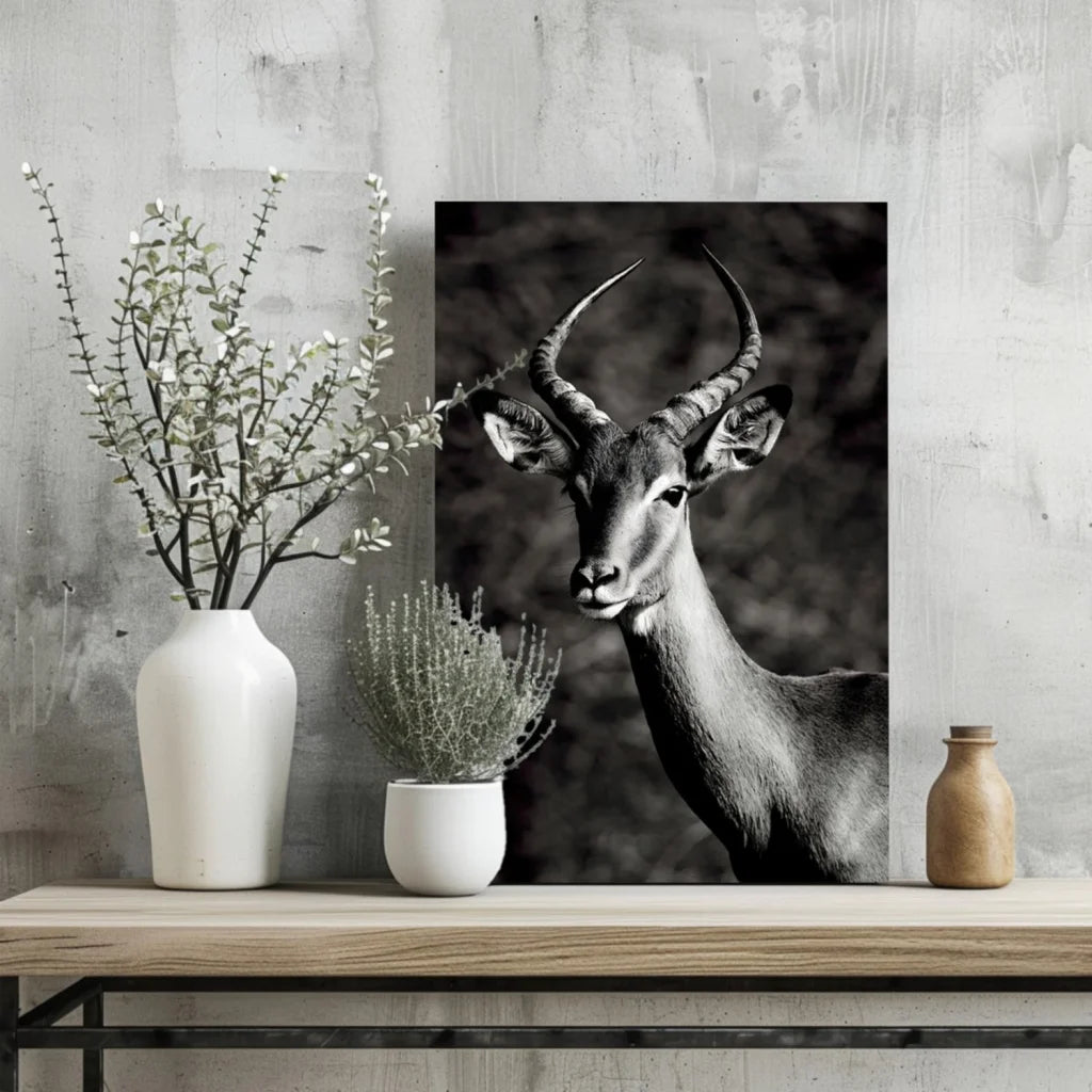 Stunning black and white deer canvas print with textured horns on wood frame
