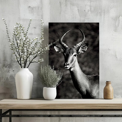 Stunning black and white deer canvas print with textured horns on wood frame