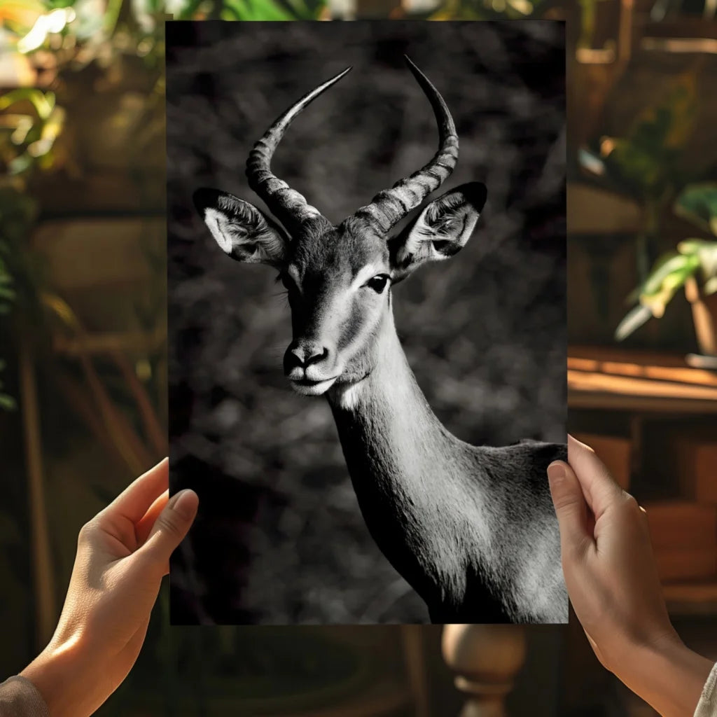 Stunning black and white antelope poster on wood frame