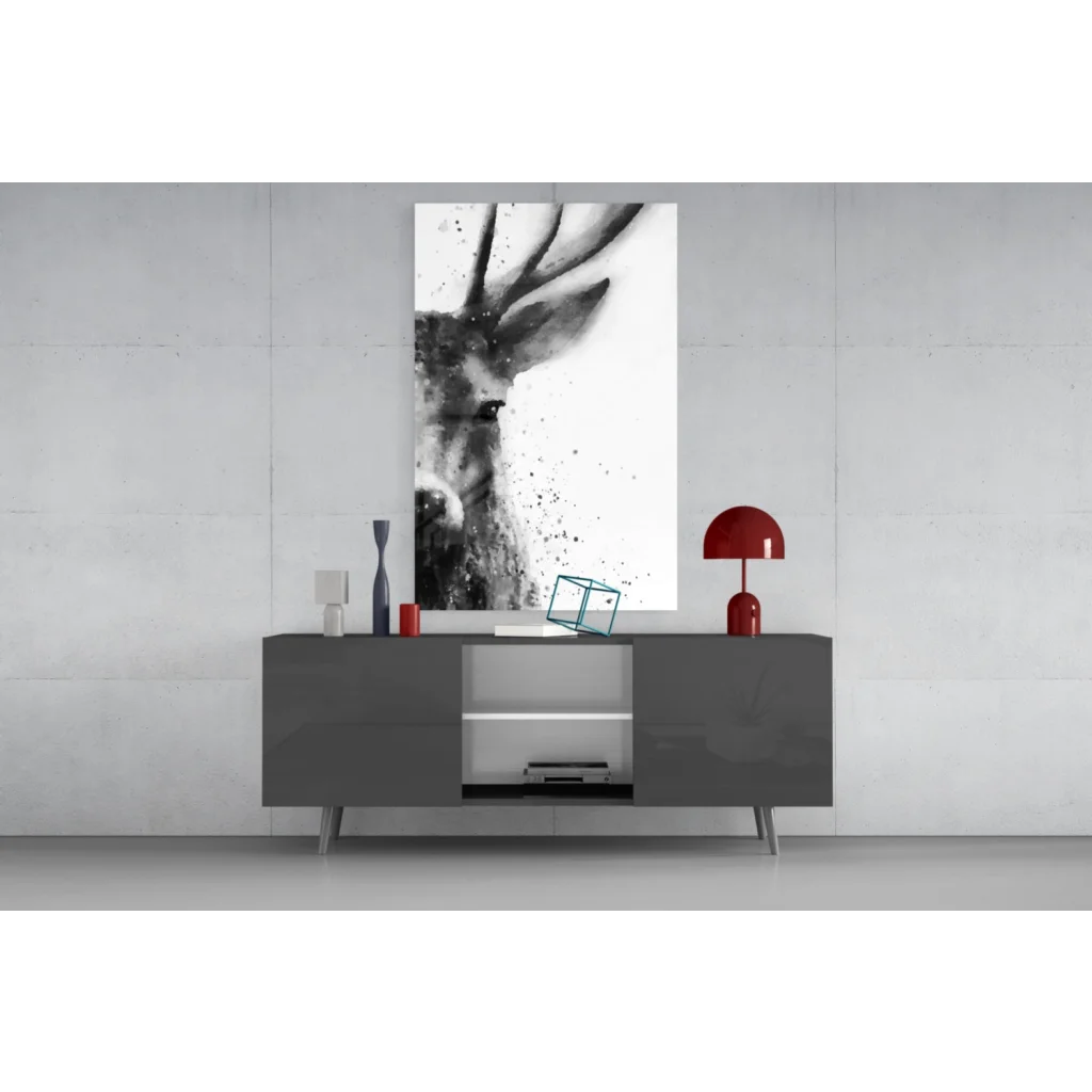 Modern black and white stag wall art with textured antlers