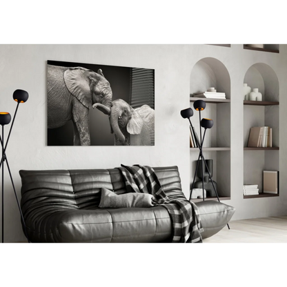 Black leather sofa with checkered throw and wall art texture