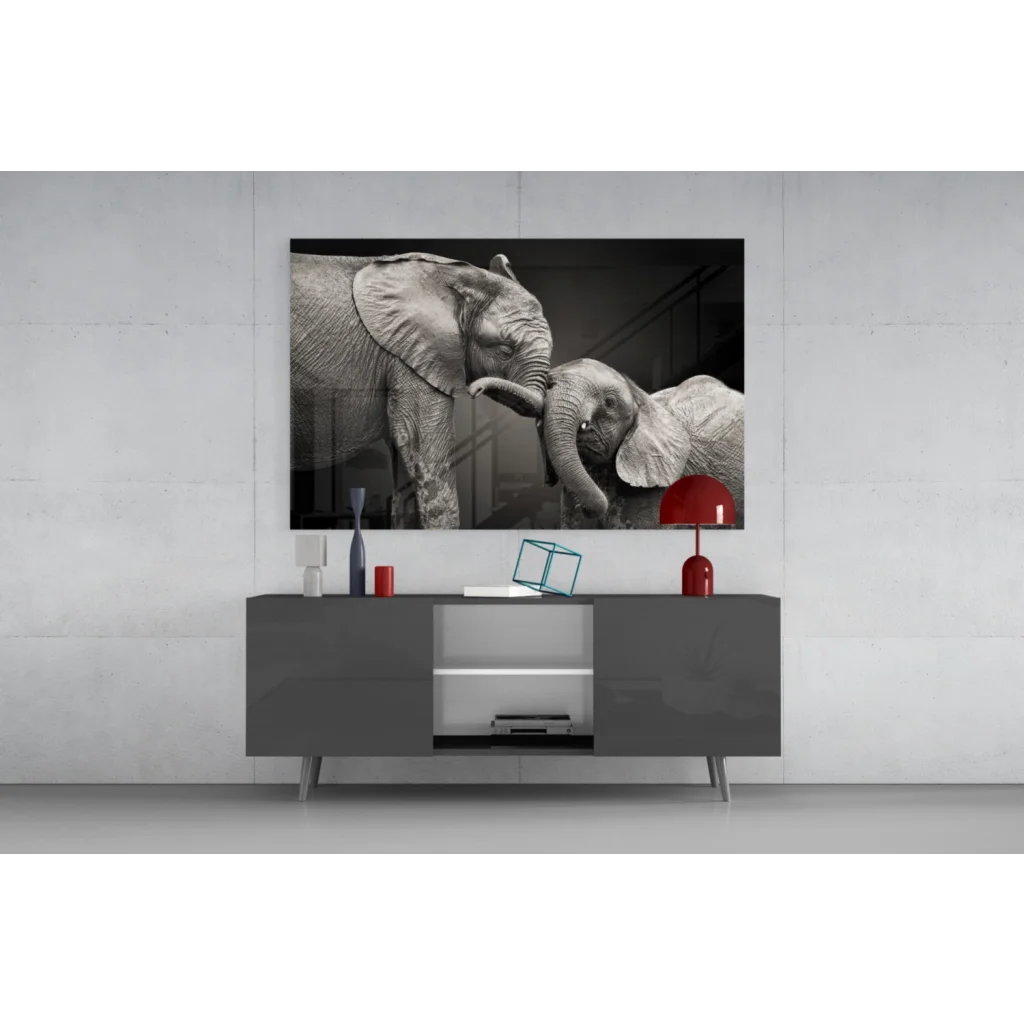 Stunning black white elephant canvas wall art with glossy texture