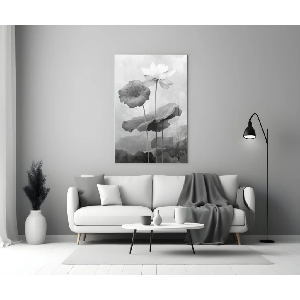 Stunning black white floral wall art print with poppies and lotus