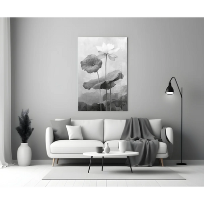 Stunning black white floral wall art print with poppies and lotus