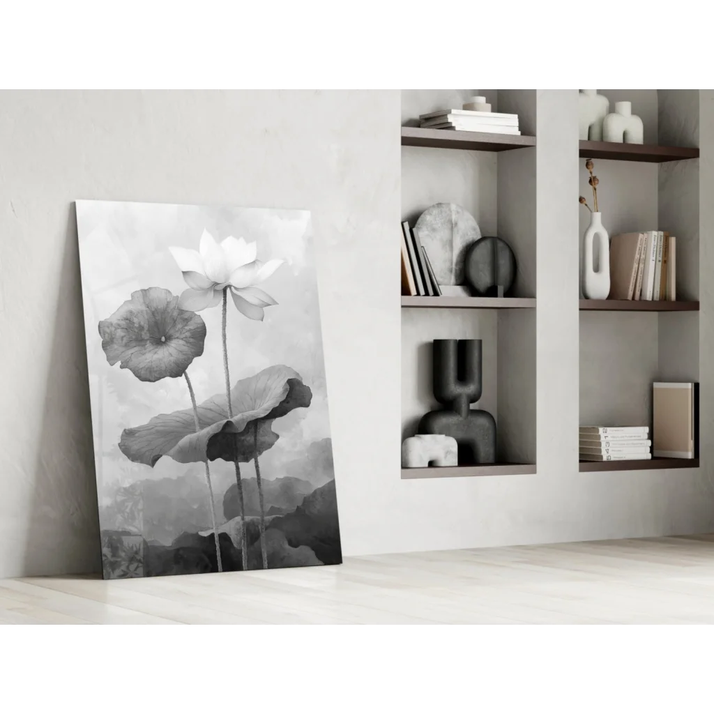 Stunning black white lotus floral canvas wall art print