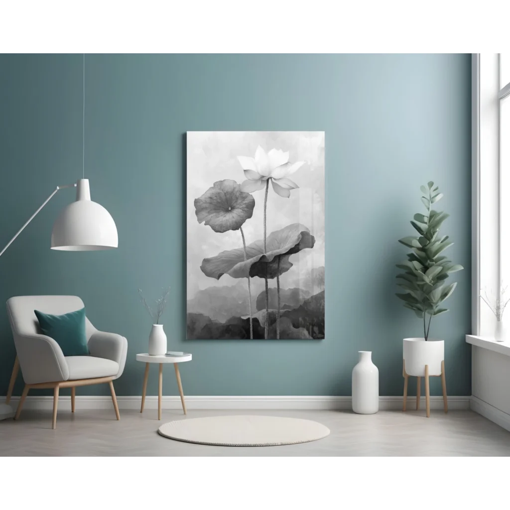 Stunning black white floral canvas wall art with poppies and lotus blooms