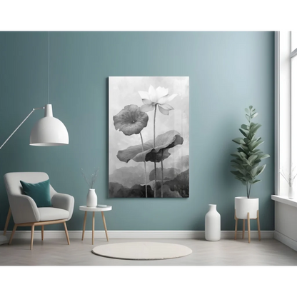 Stunning black white floral canvas wall art with poppies and lotus blooms