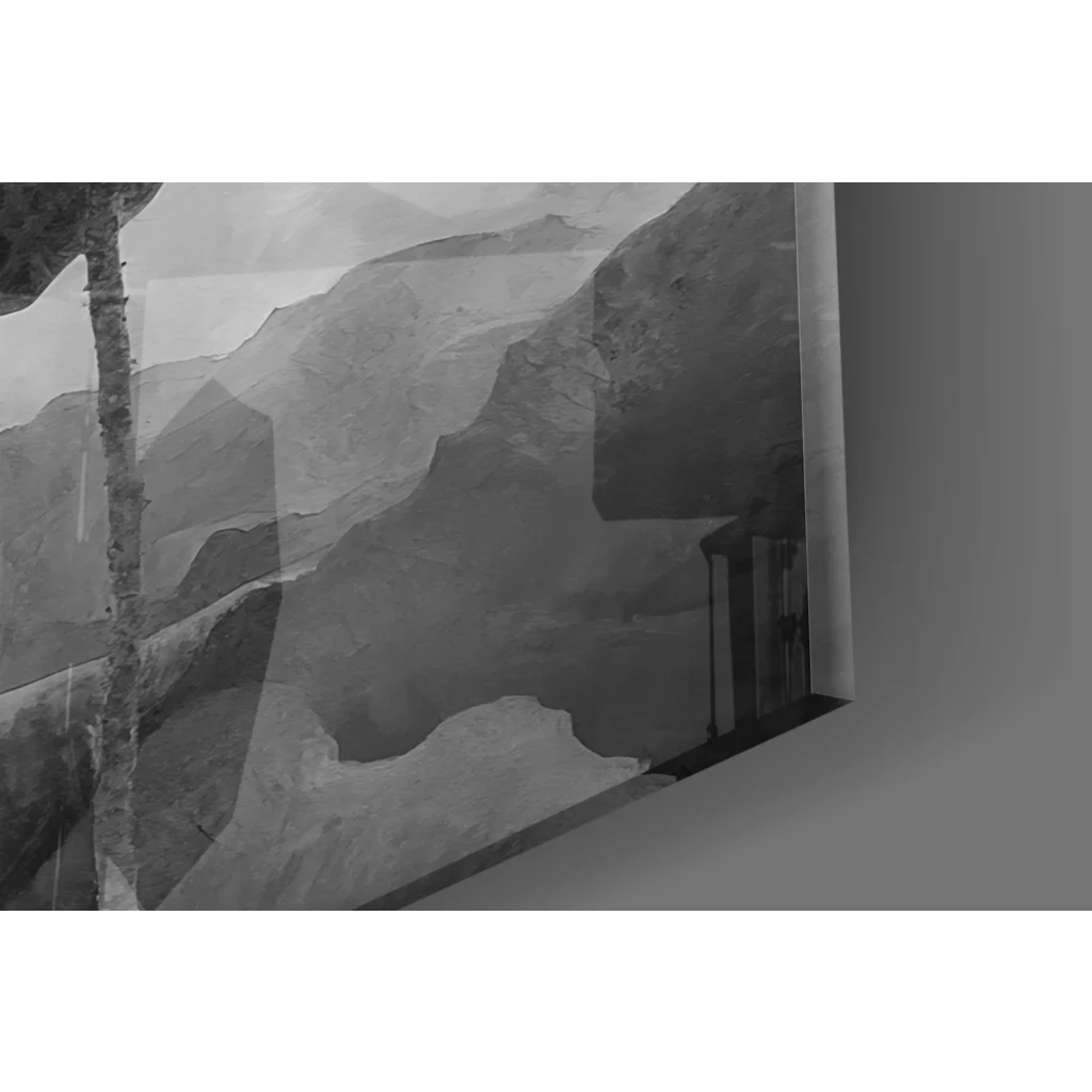 Black and white mountain mural wall art with poppies and lotus