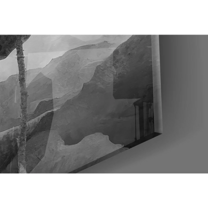 Black and white mountain mural wall art with poppies and lotus