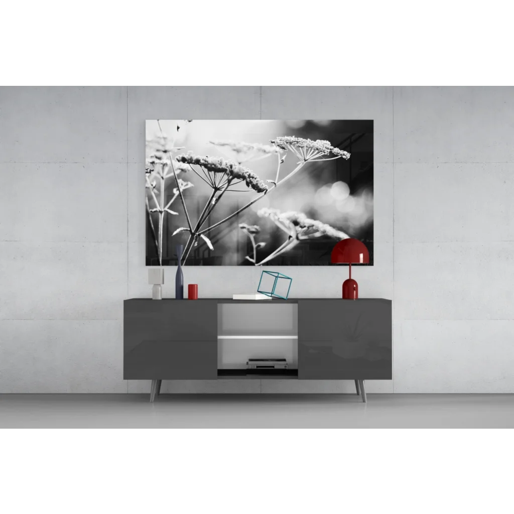 Samsung QLED TV in stunning black and white floral wall art