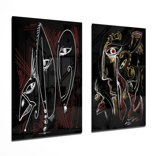 Stunning black glass wall art set with white and red accents