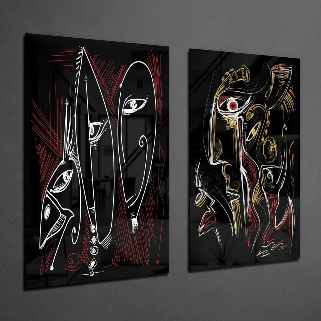 Stunning black glass wall art set with white red accents glossy finish