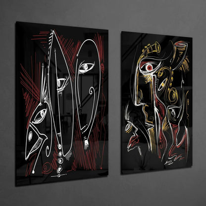 Stunning black glass wall art set with white red accents glossy finish