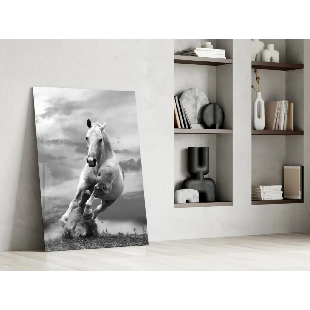 Dynamic black and white horse canvas wall art in motion