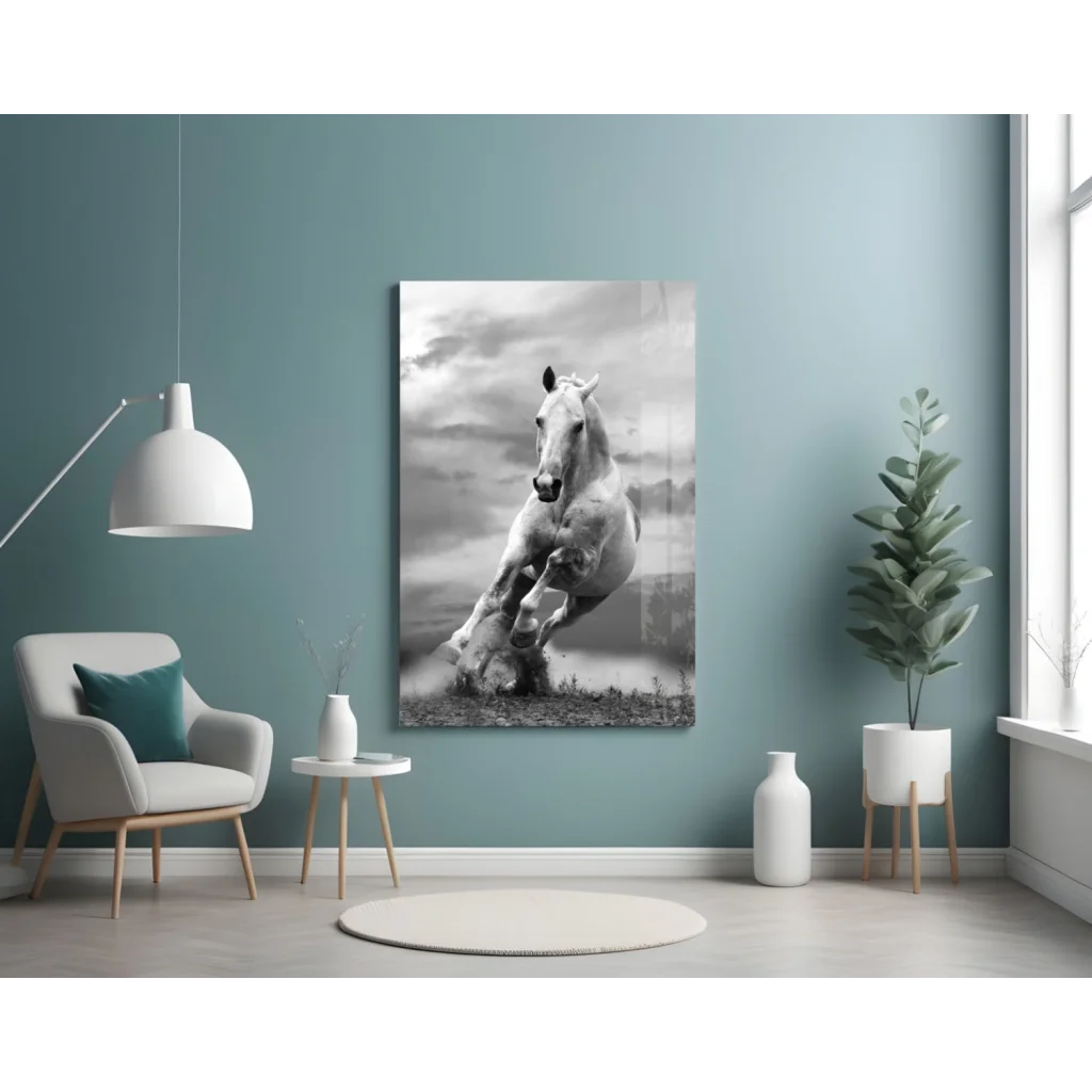 Stunning black and white horse wall art print on teal wall