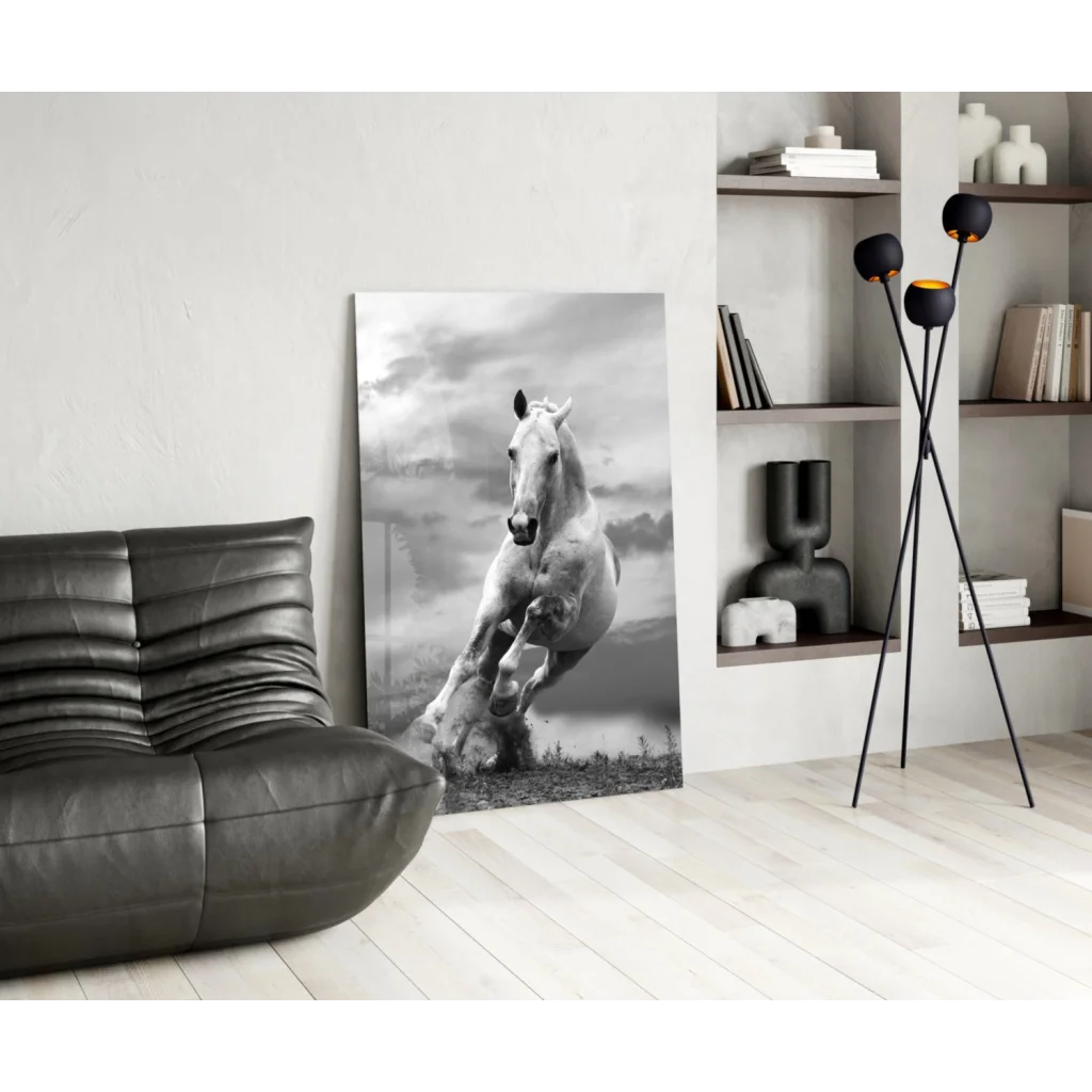 Stunning black and white horse wall art canvas print in motion