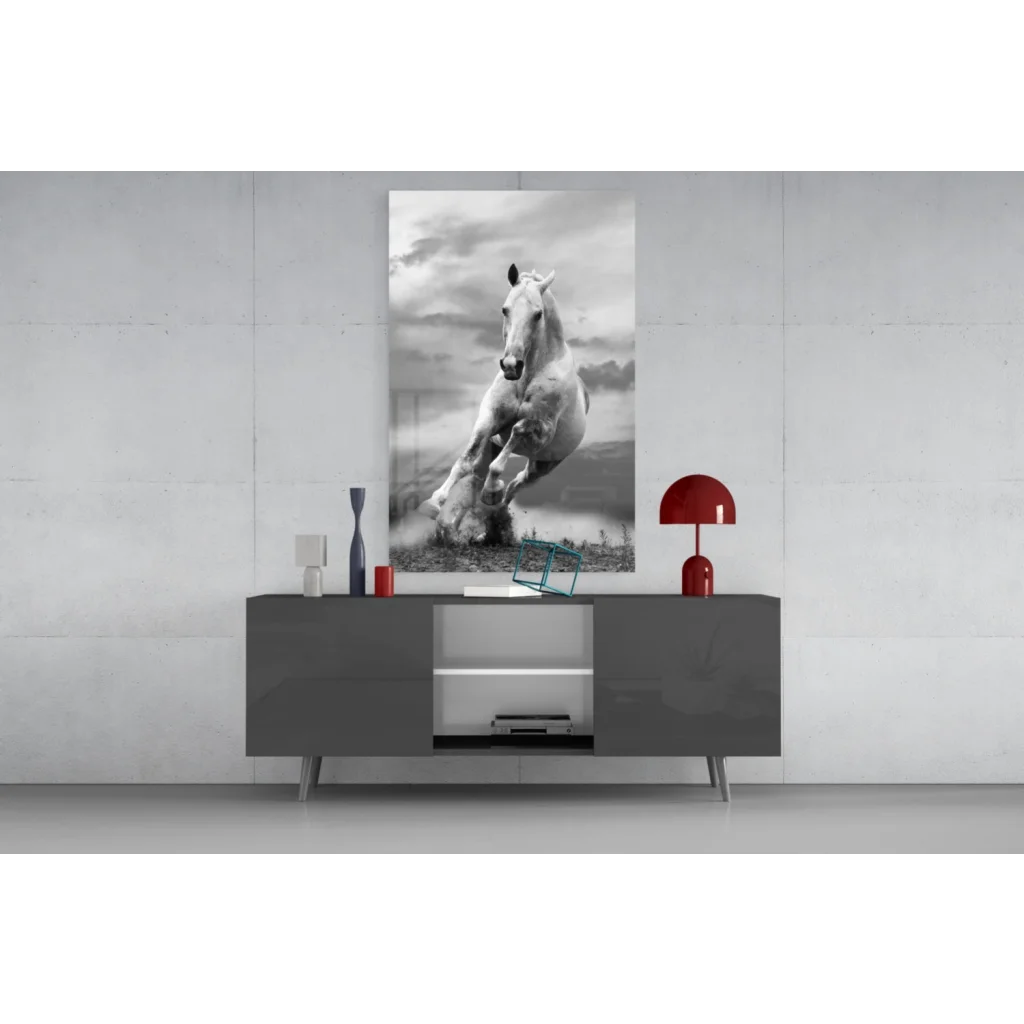 Modern gray sideboard under stunning black and white horse wall art