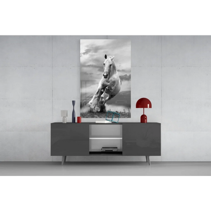 Modern gray sideboard under stunning black and white horse wall art