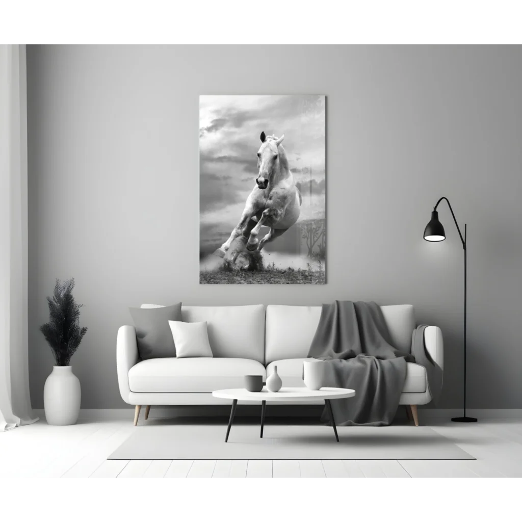 Stunning black and white horse canvas wall art in dynamic motion