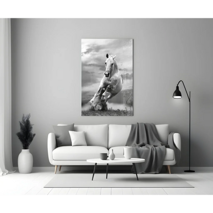 Stunning black and white horse canvas wall art in dynamic motion