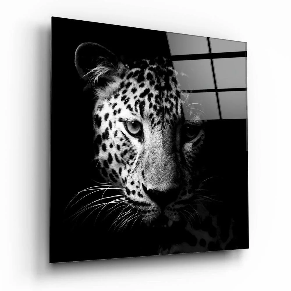 Stunning black and white leopard glass wall art print close-up