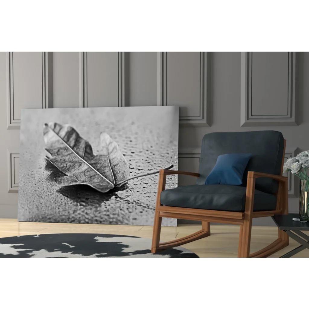 Black white maple leaf canvas wall art print with water droplets