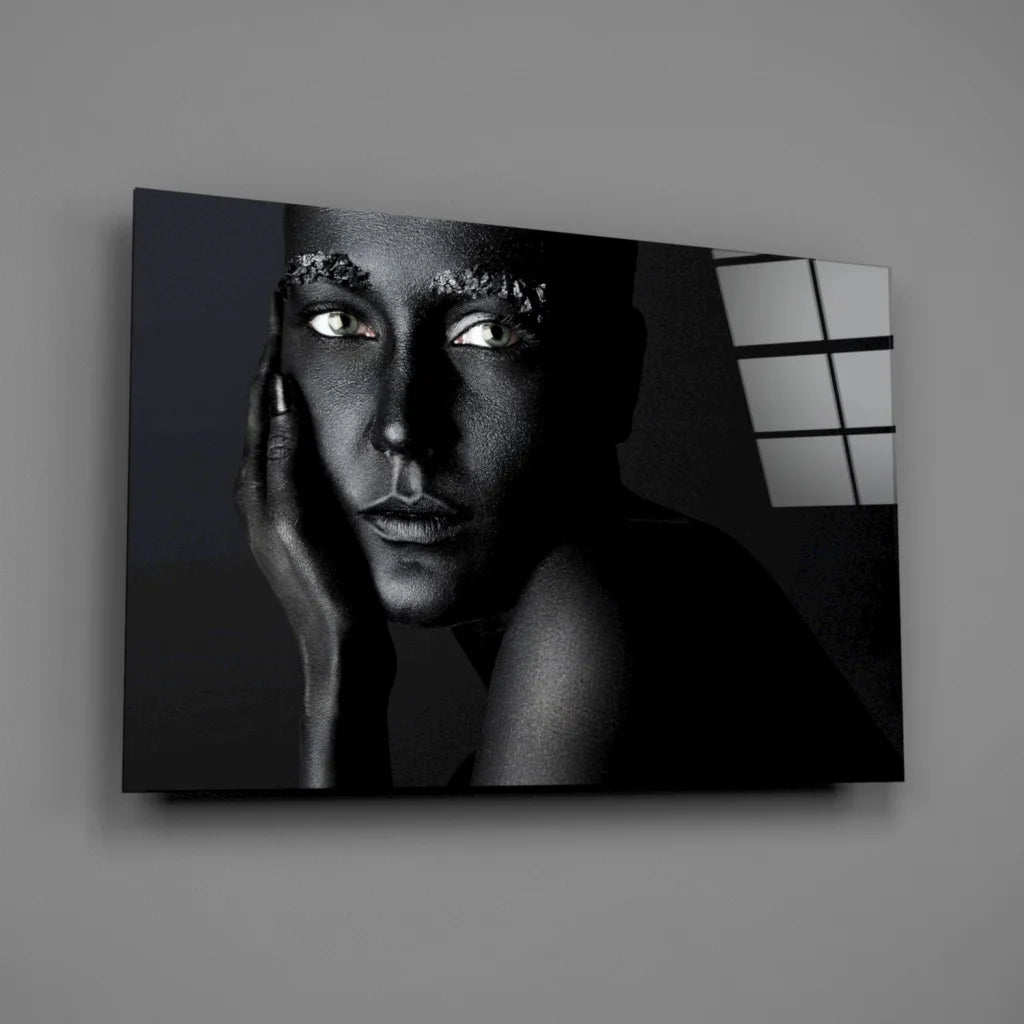 Stunning black and white portrait canvas wall art of woman with metallic forehead details
