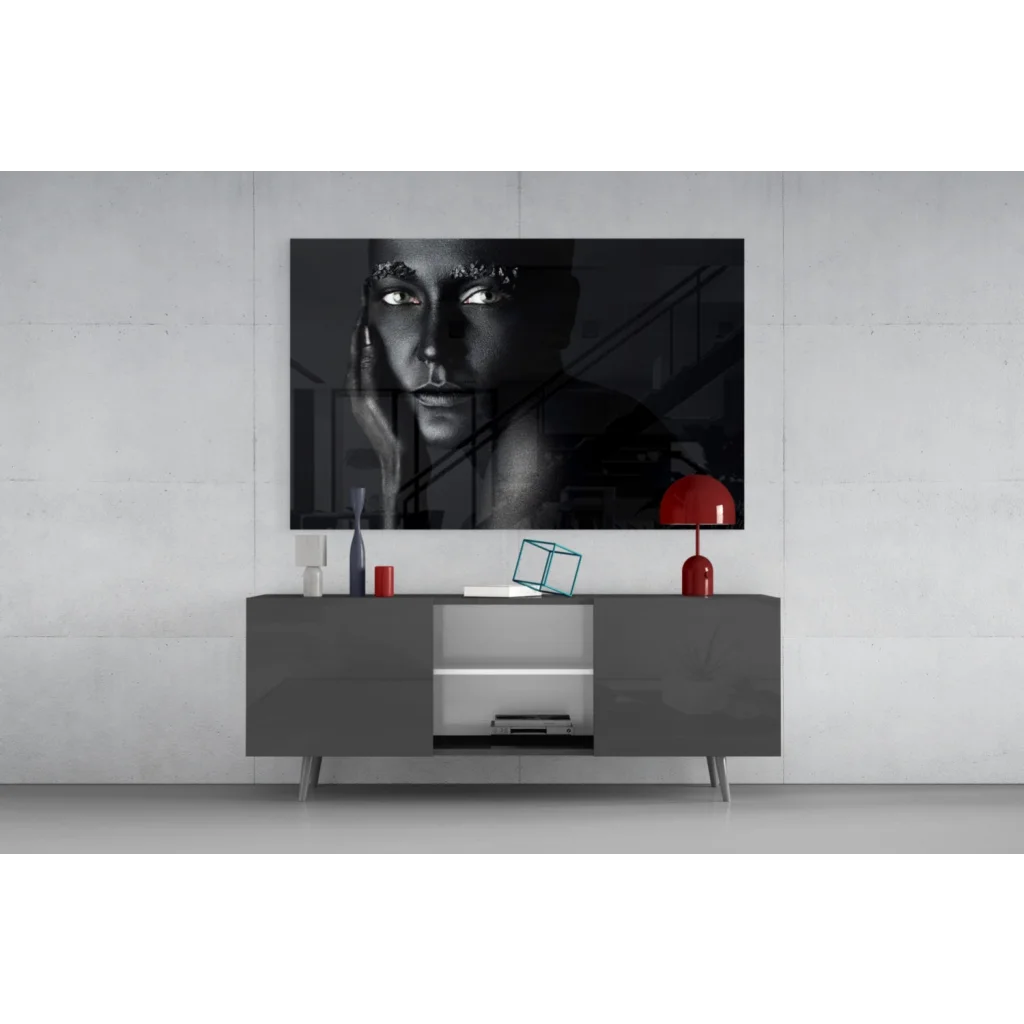 Black-and-white portrait canvas wall art of woman with white eyes and silver forehead details