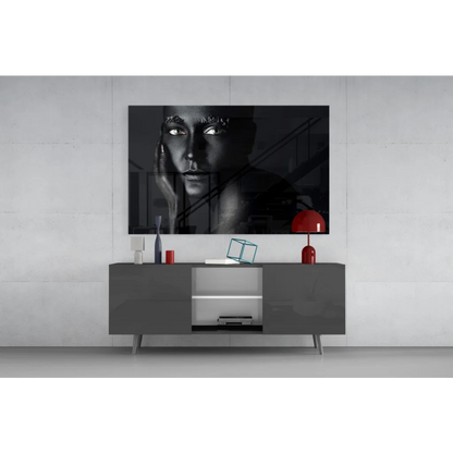 Black-and-white portrait canvas wall art of woman with white eyes and silver forehead details