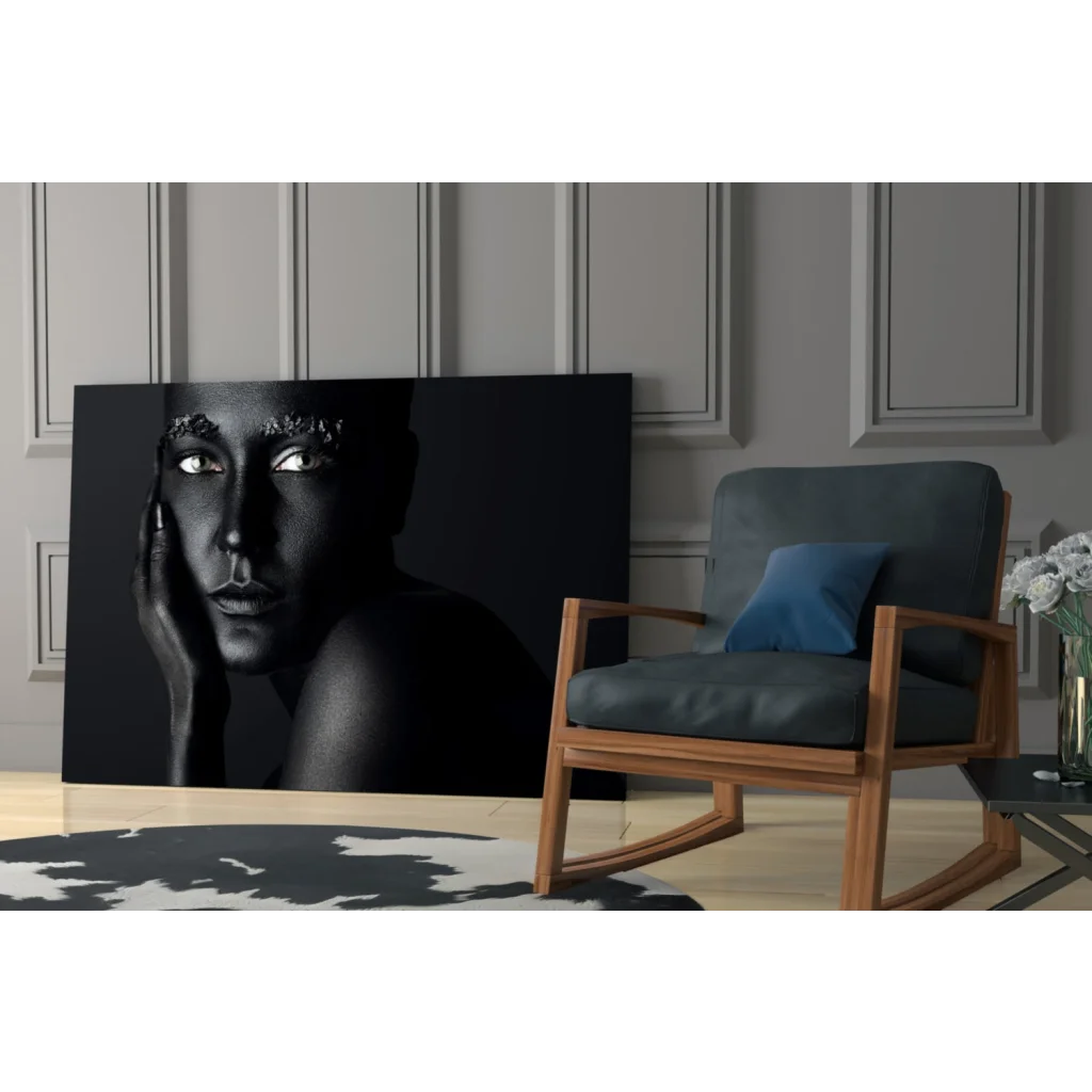 Stunning black and white portrait canvas wall art of woman with silver forehead details