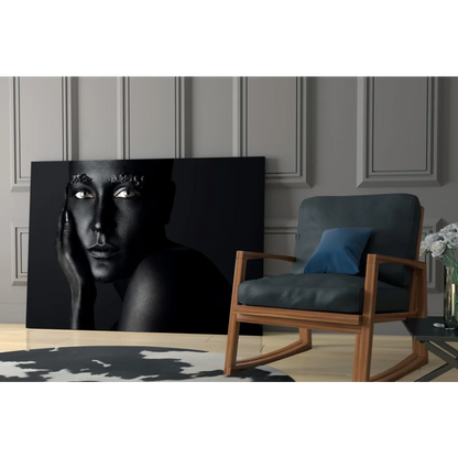 Stunning black and white portrait canvas wall art of woman with silver forehead details