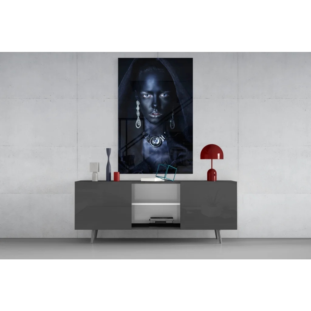 Black and white portrait woman with large earrings on glass wall art