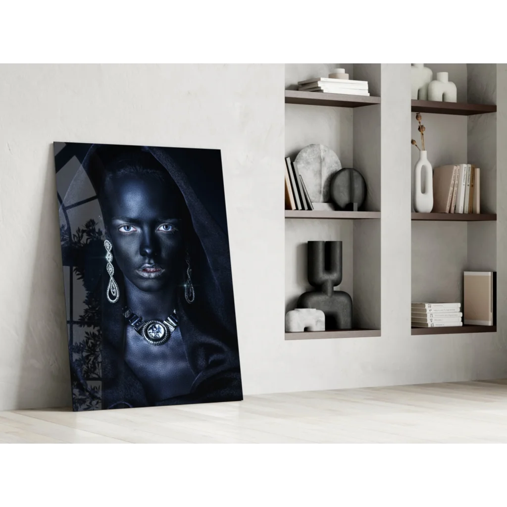 Stunning black and white portrait glass wall art of womans face with jewelry