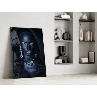 Stunning black and white portrait glass wall art of womans face with jewelry