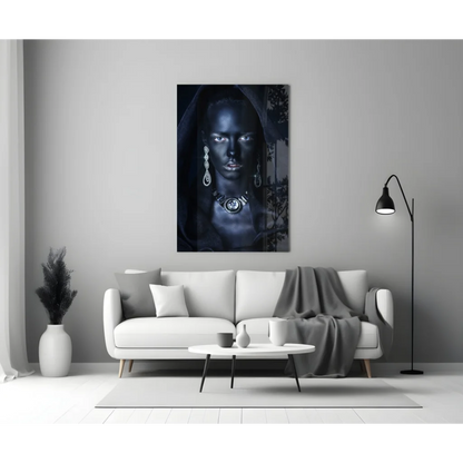 Dramatic black and white portrait of woman with jewelry on glass wall art