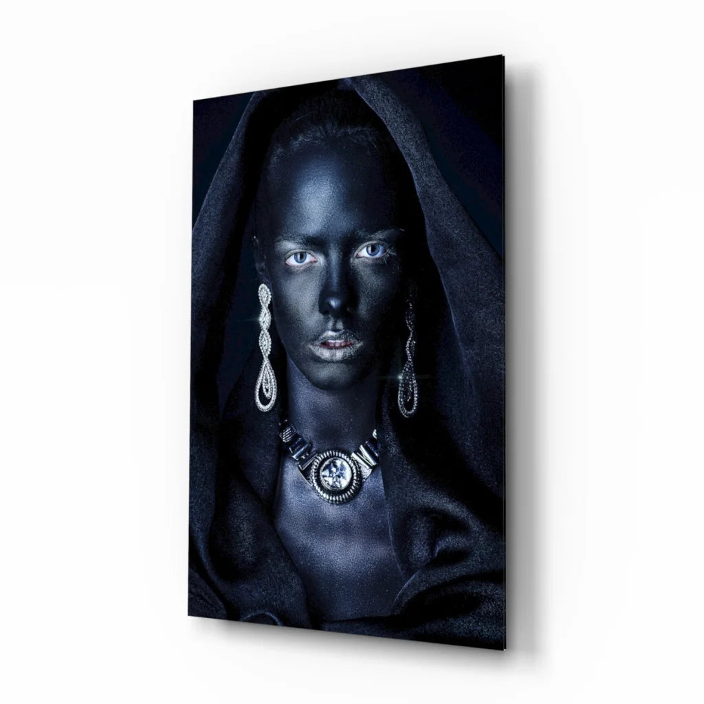 Stunning black hooded cloak with silver jewelry in glass wall art