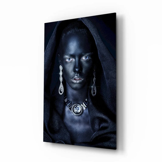 Stunning black hooded cloak with silver jewelry in glass wall art